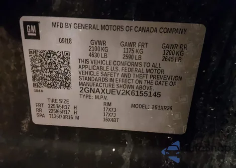 2019 Chevrolet Equinox Lt z USA, uszkodzony, nr VIN 2GNAXUEV2K6155145